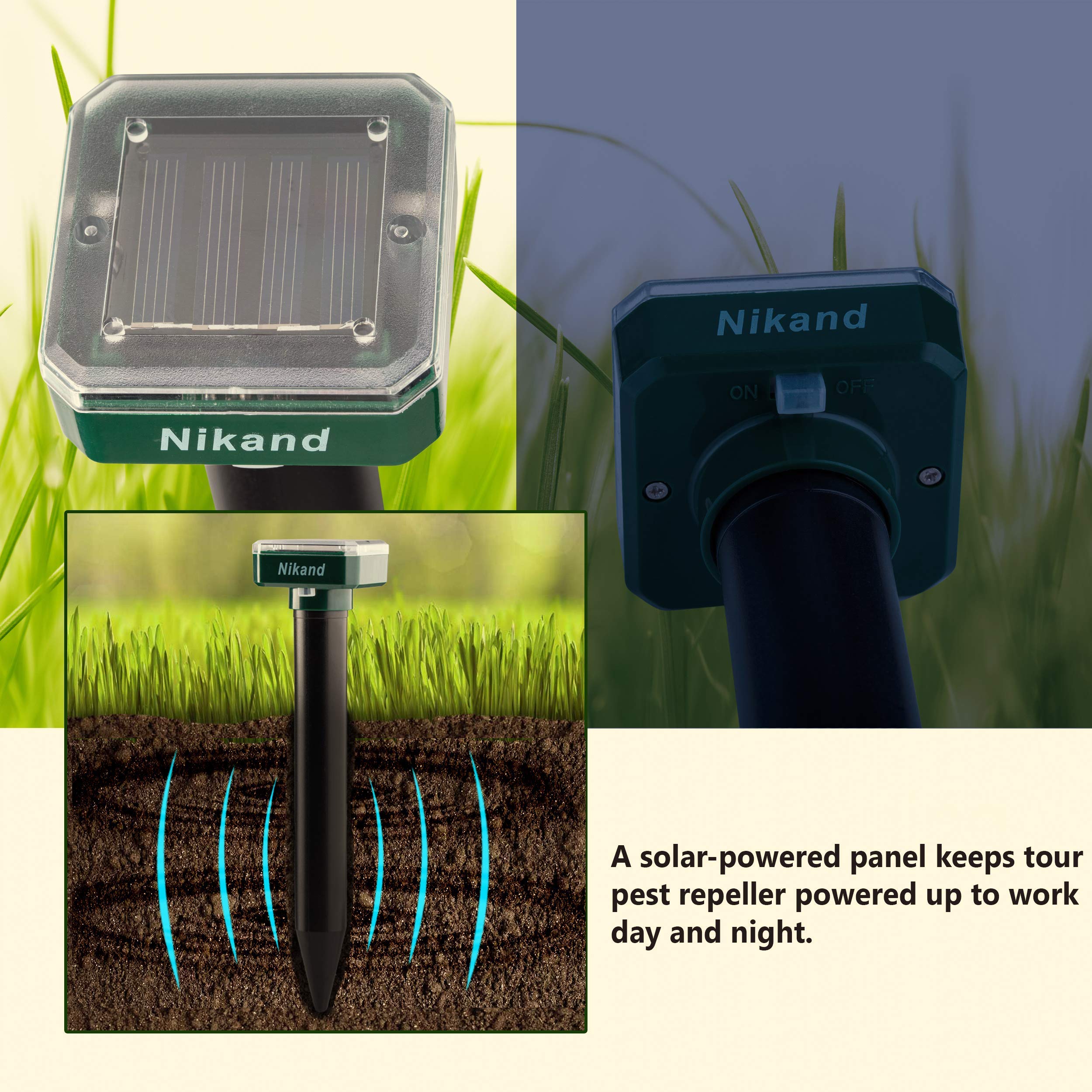 NIKAND solar mole repellent outdoor unit in a garden setting for pest deterrence