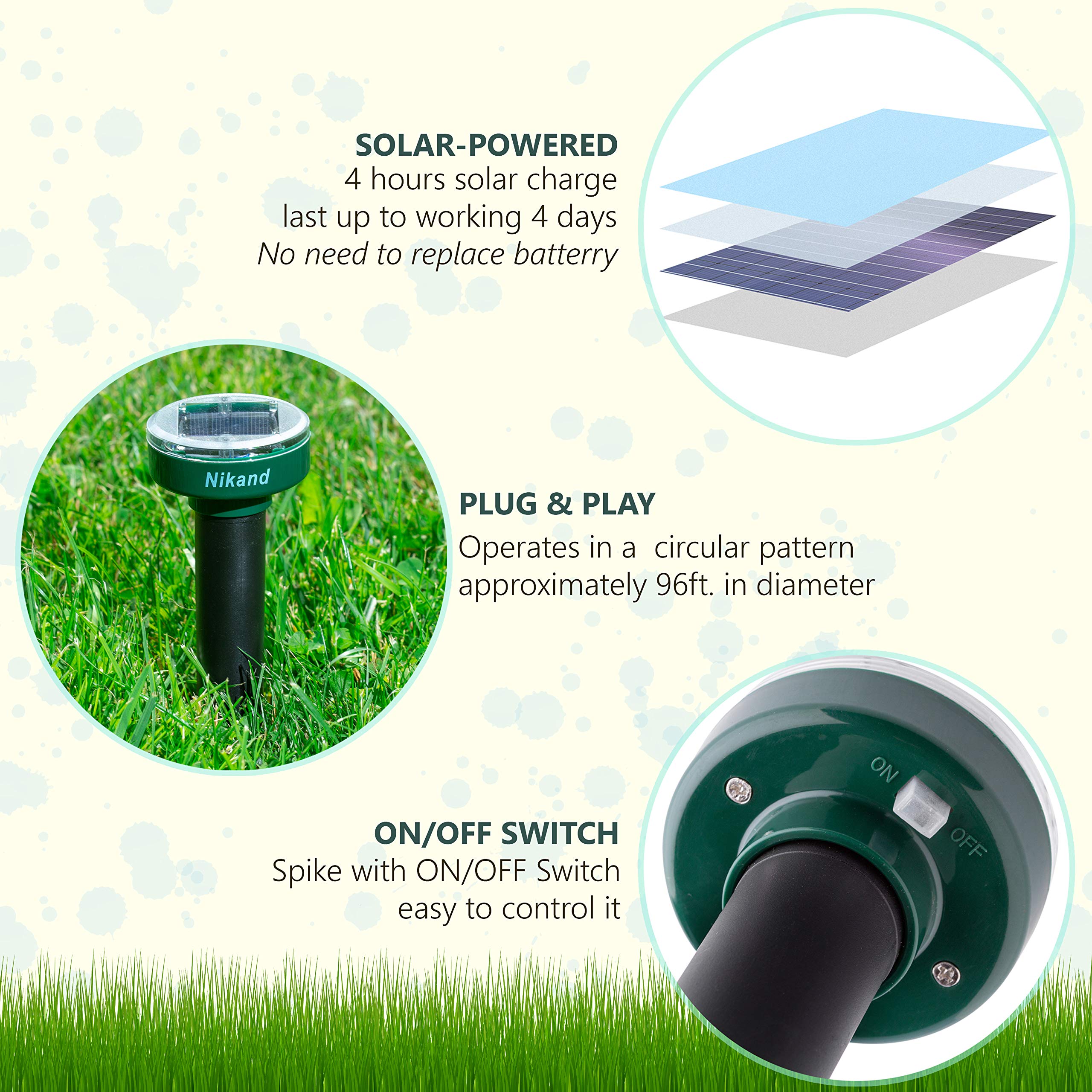 NIKAND solar-powered mole deterrent in-ground protects garden roots.