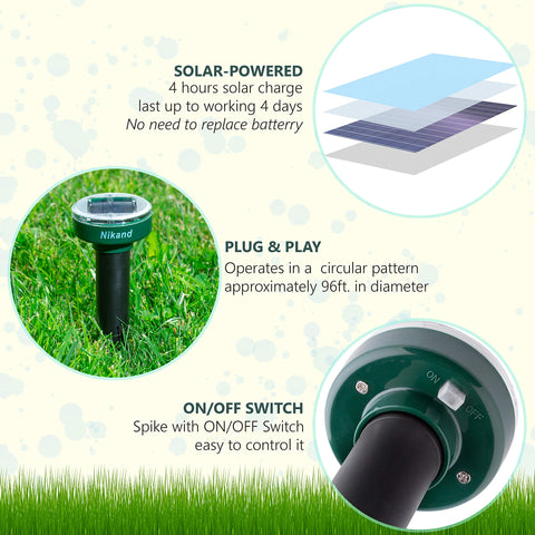 NIKAND solar-powered mole deterrent in-ground protects garden roots.