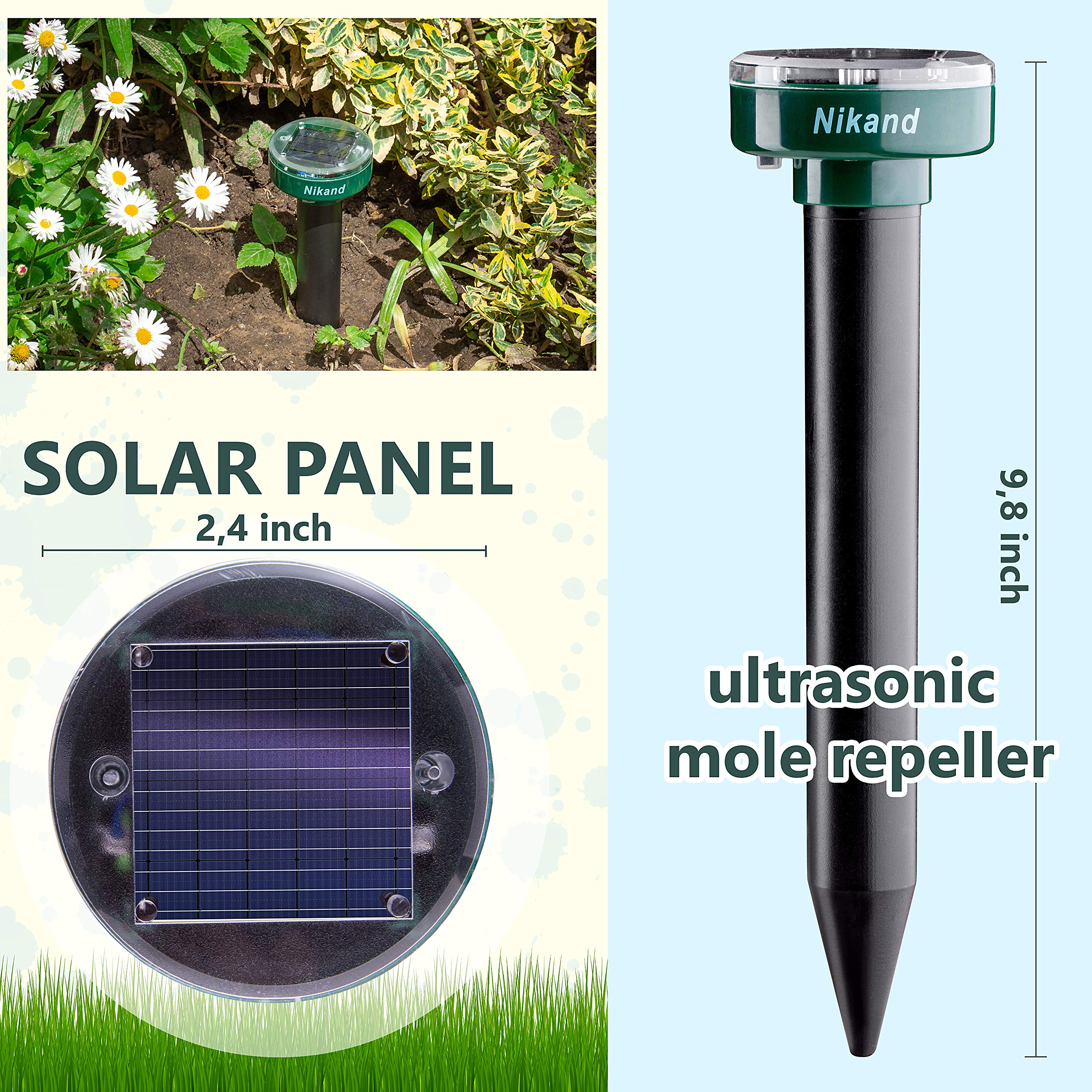 NIKAND ultrasonic pulse deterrent close-up shows soil penetration deterring pests.
