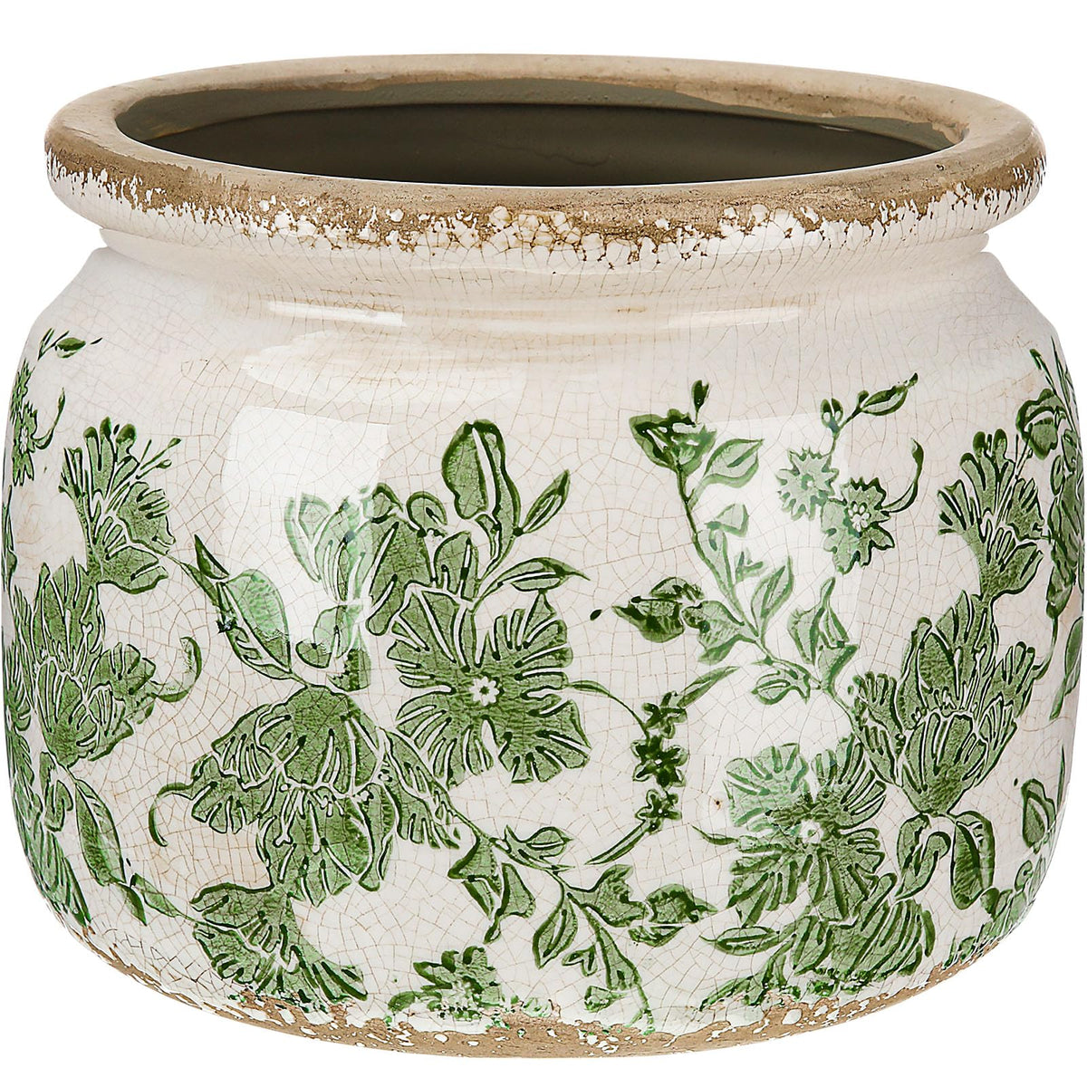 Ninehaoou 7.7-inch ceramic pot with beige-green vintage floral design for stylish indoor plants.
