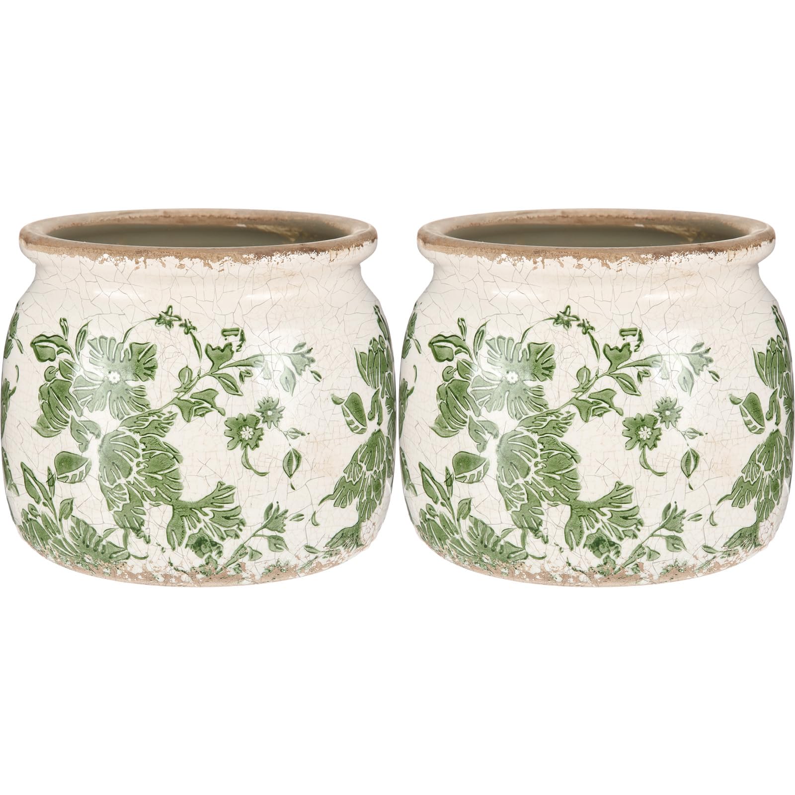 Ninehaoou vintage planter with beige-green scroll pattern for rustic home decor.