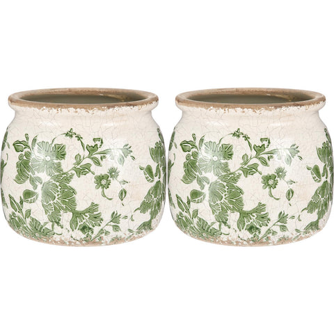 Ninehaoou vintage planter with beige-green scroll pattern for rustic home decor.