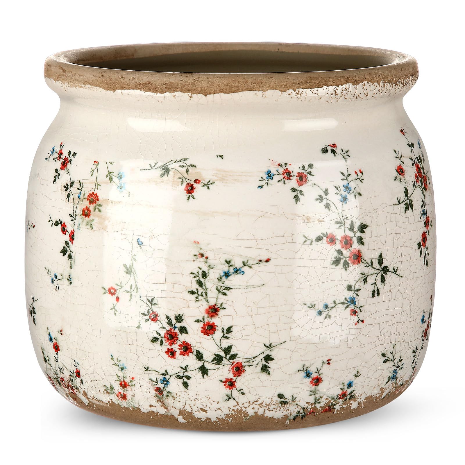 Ninehaoou vintage planter with beige ice-crack finish for rustic shelves