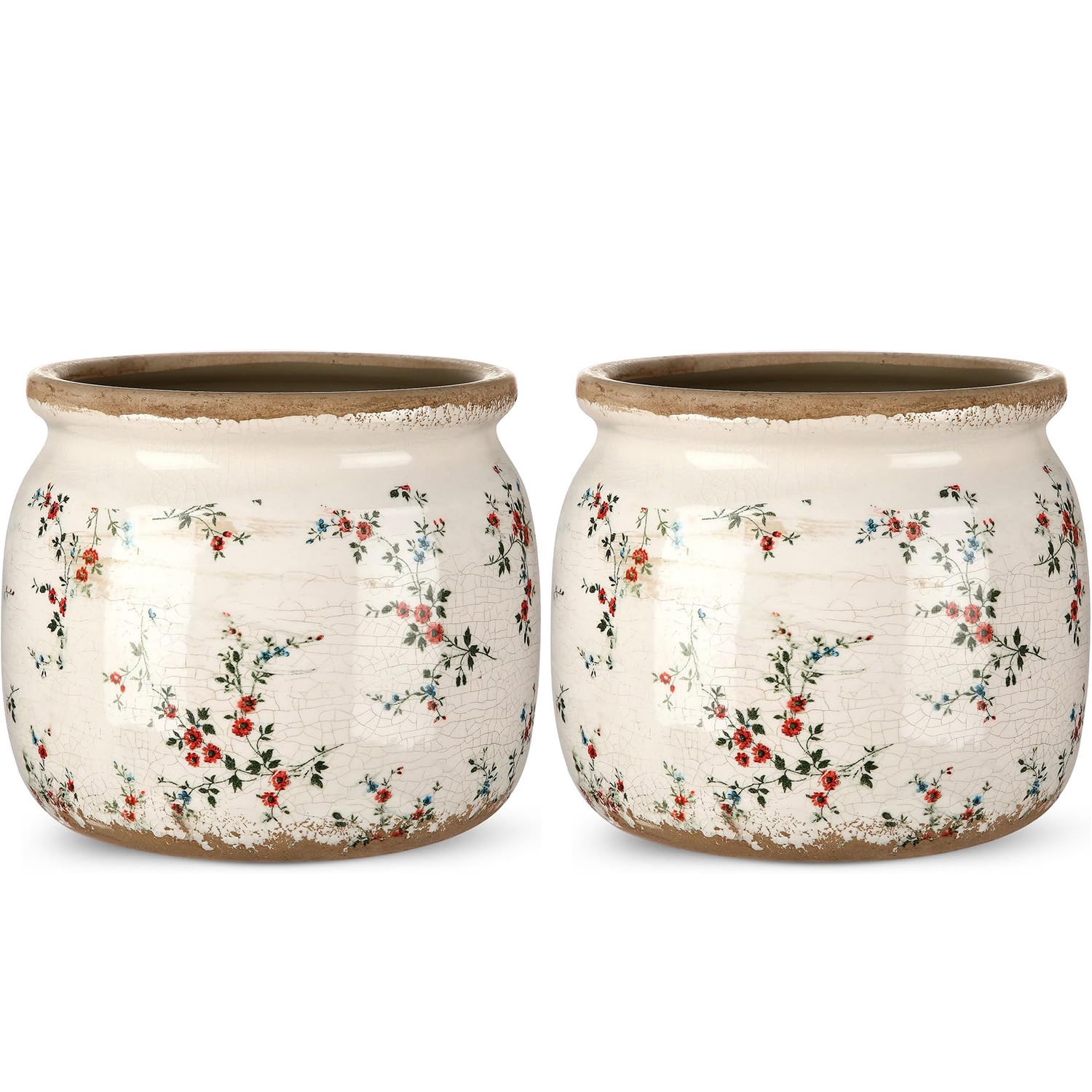 Ninehaoou vintage ceramic planter with beige-red crackle glaze for elegant indoor greenery.