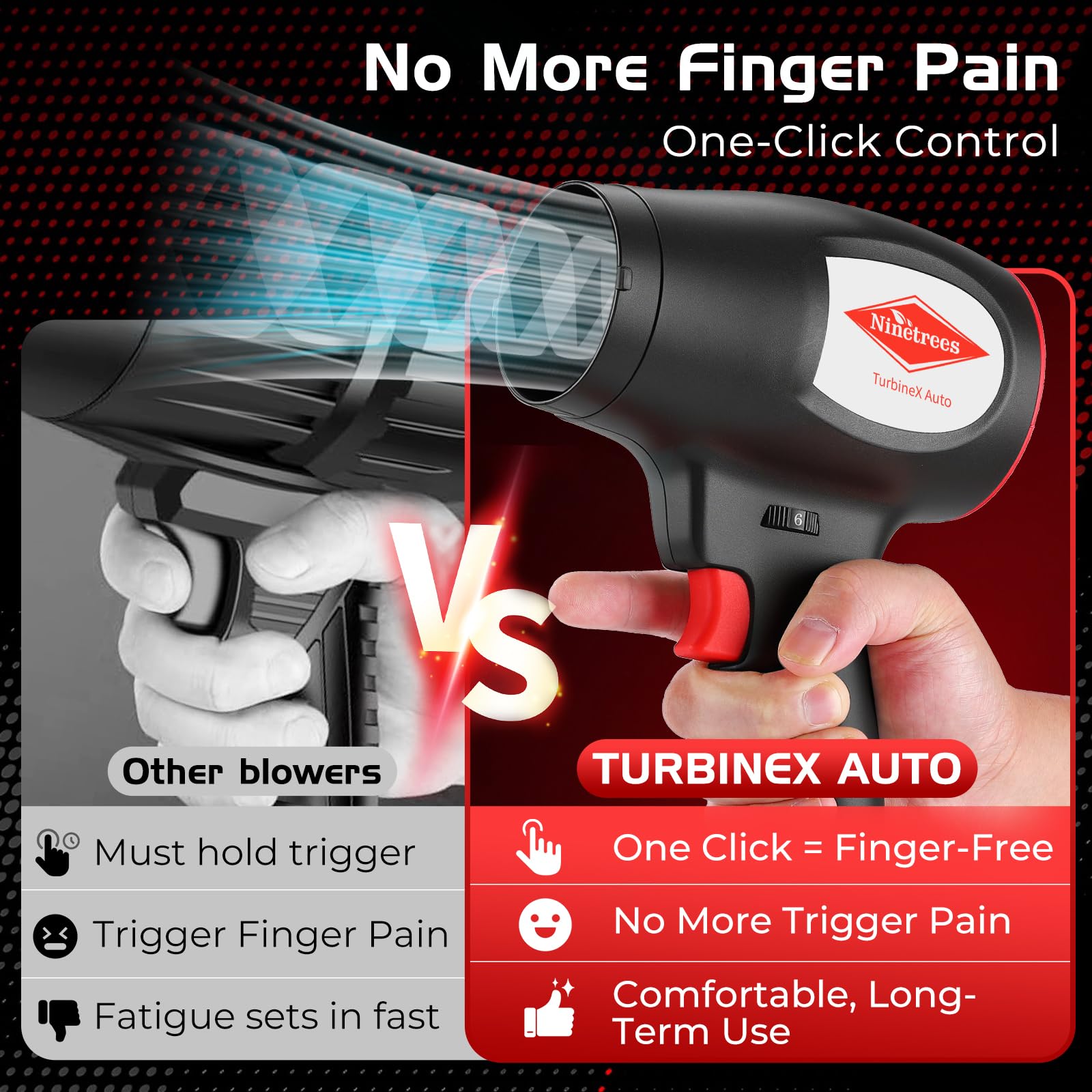 NineTrees leaf blower one-touch lock highlights hands-free operation.