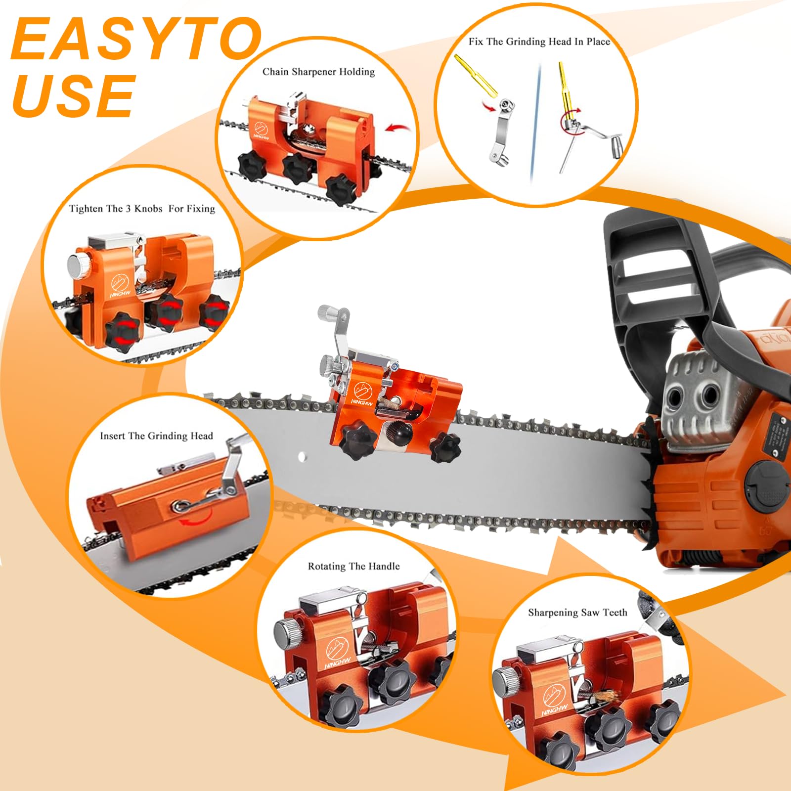 NINGHW chainsaw sharpener in use, fast edge touch-ups on-site.