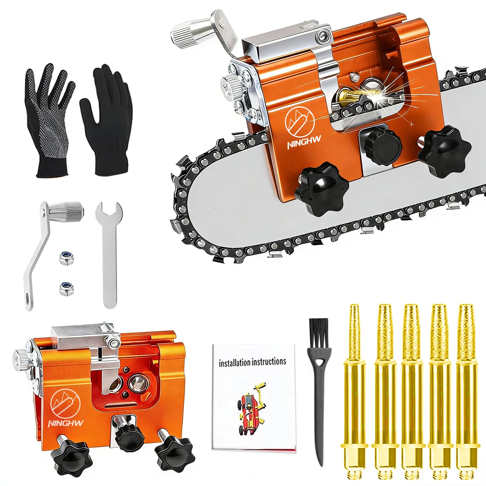 NINGHW Chainsaw Sharpener Jig Kit complete setup ready for quick sharpening.