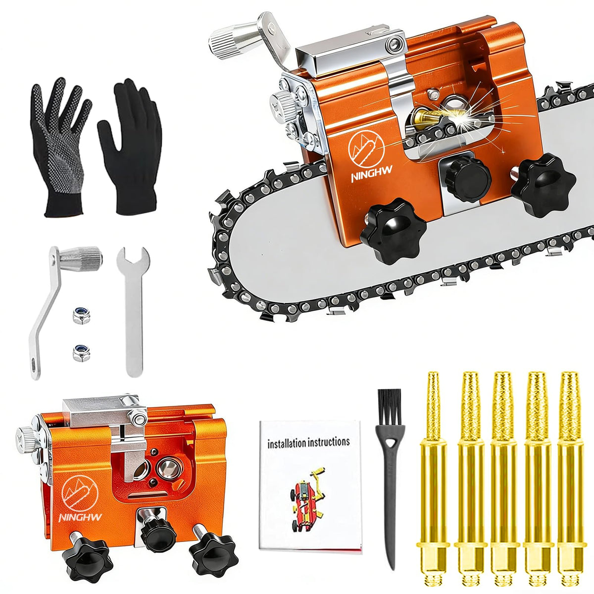 NINGHW Chainsaw Sharpener Jig Kit complete setup ready for quick sharpening.