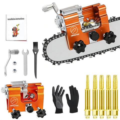 NINGHW chainsaw sharpener kit front view, quick edge restoration for 4-22 inch chains.