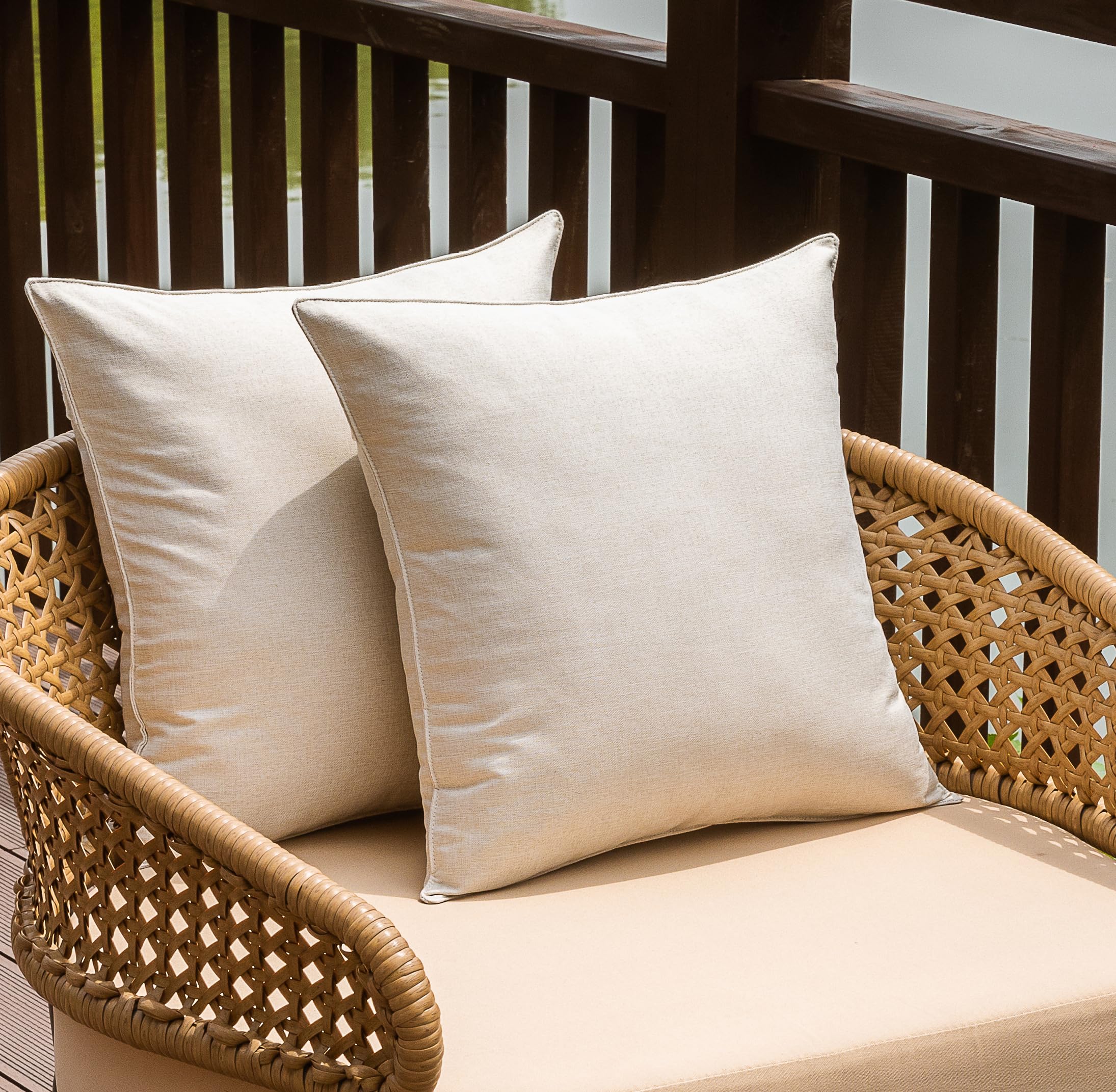 NiNi ALL beige outdoor pillow cover front view highlighting waterproof protection for cushions