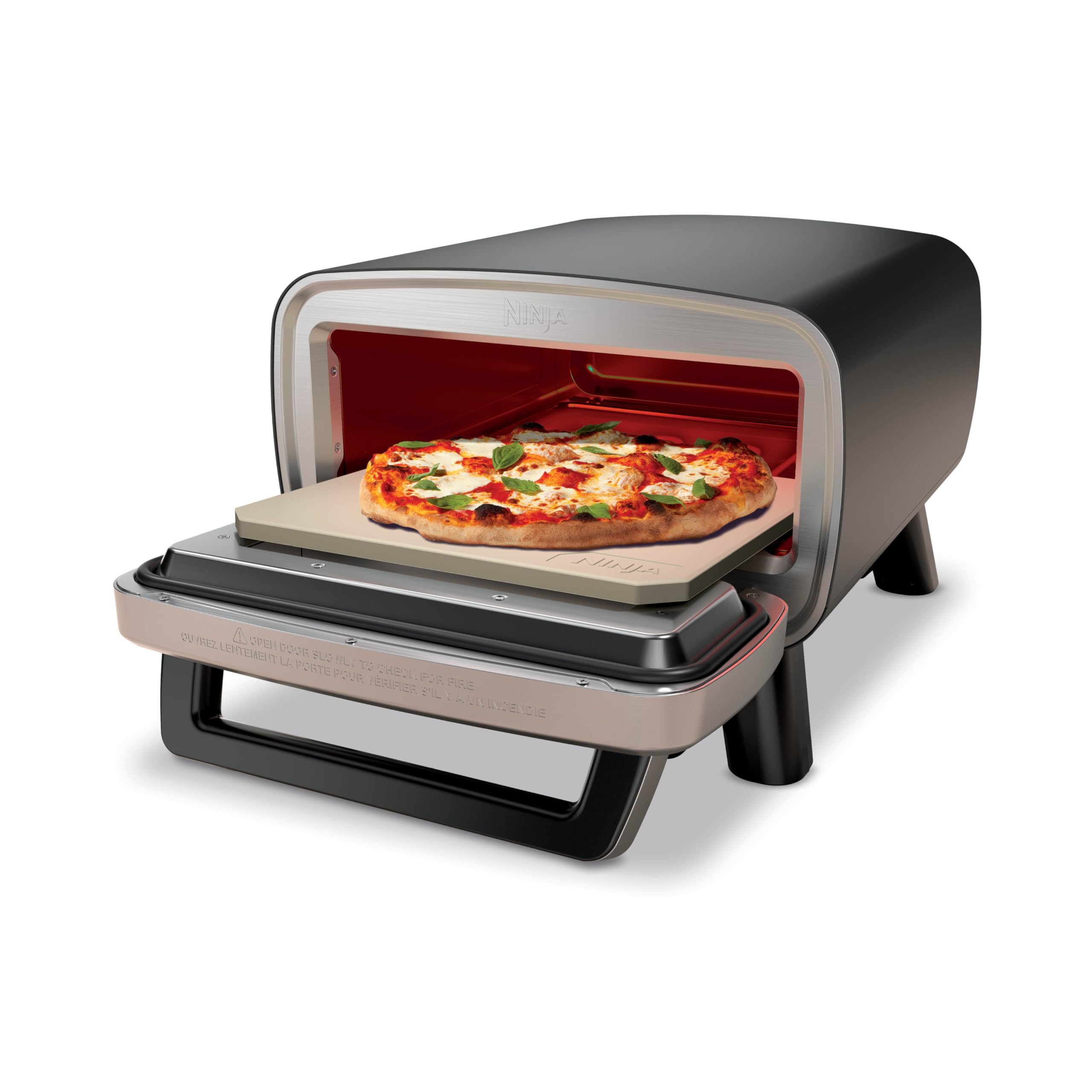 Ninja Artisan Outdoor Pizza Oven door view with a 12-inch pizza cooking inside