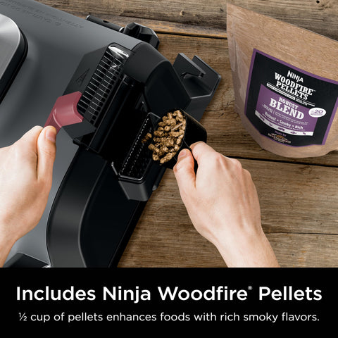 Ninja Woodfire Air Fryer Action showing smoky air frying outdoors.