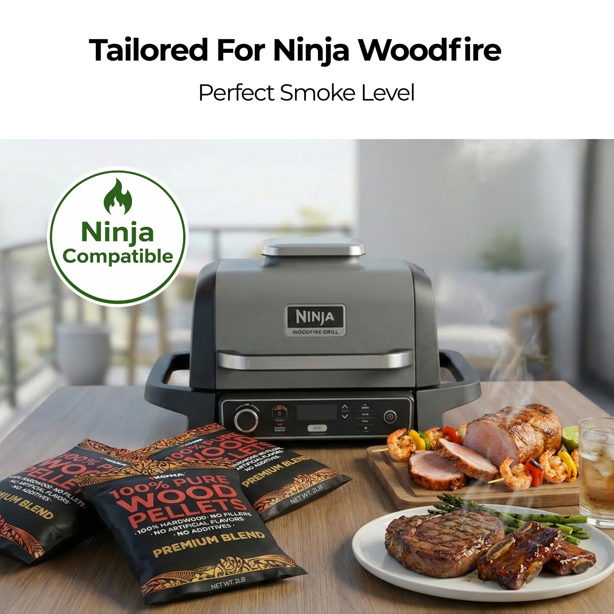 Kona premium blend pellets on Ninja Woodfire grill illustrating convenient grilling setup.