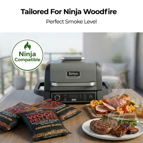 Kona premium blend pellets on Ninja Woodfire grill illustrating convenient grilling setup.