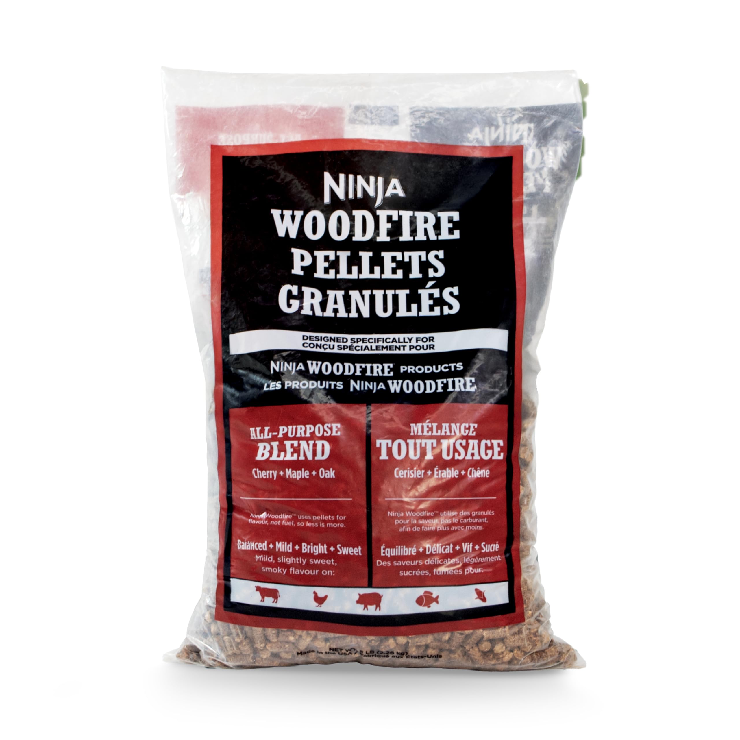Ninja Woodfire All Purpose Blend pellets in bag for balanced smoke flavor.