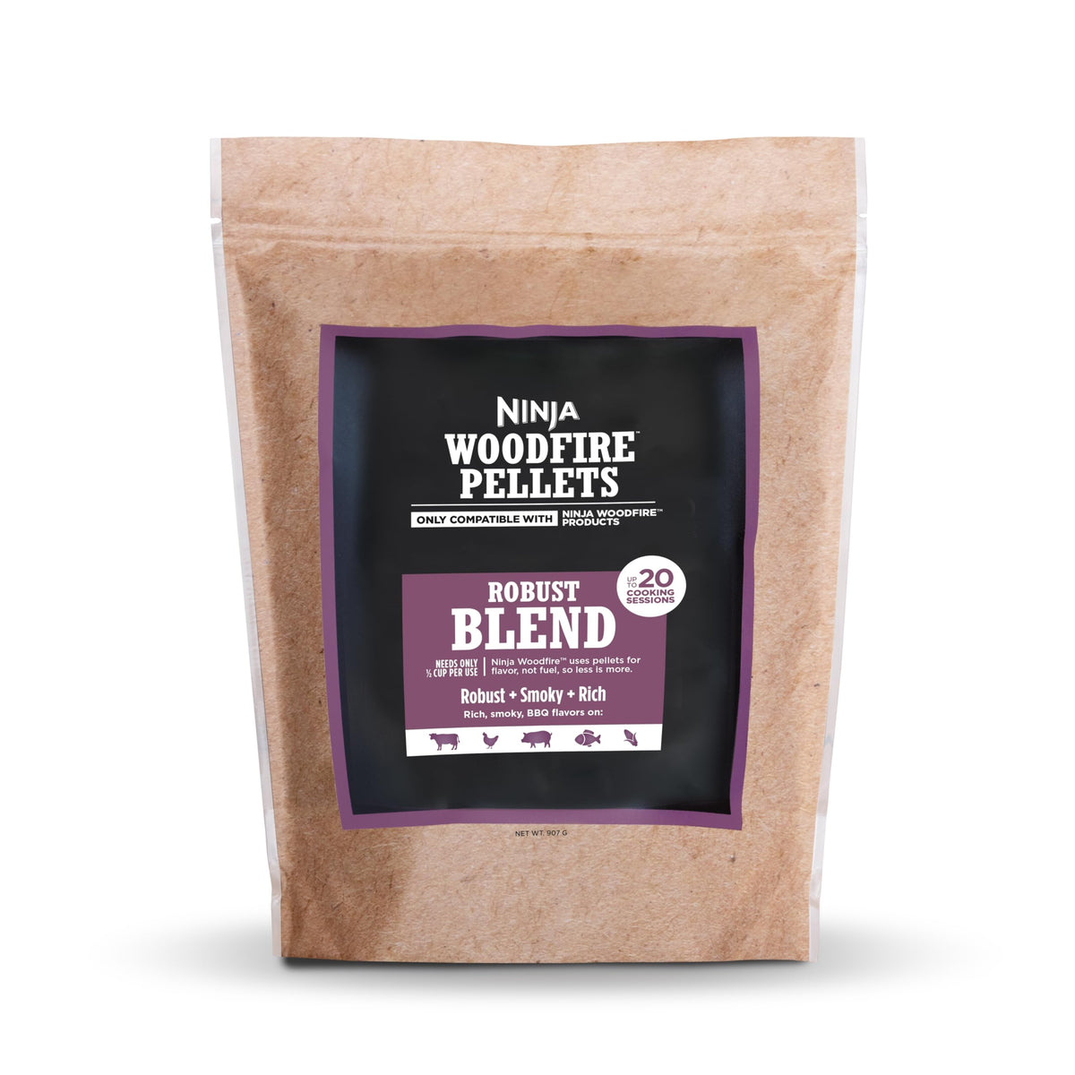 Ninja Woodfire Pellets Robust Blend bag front for authentic smoky flavor