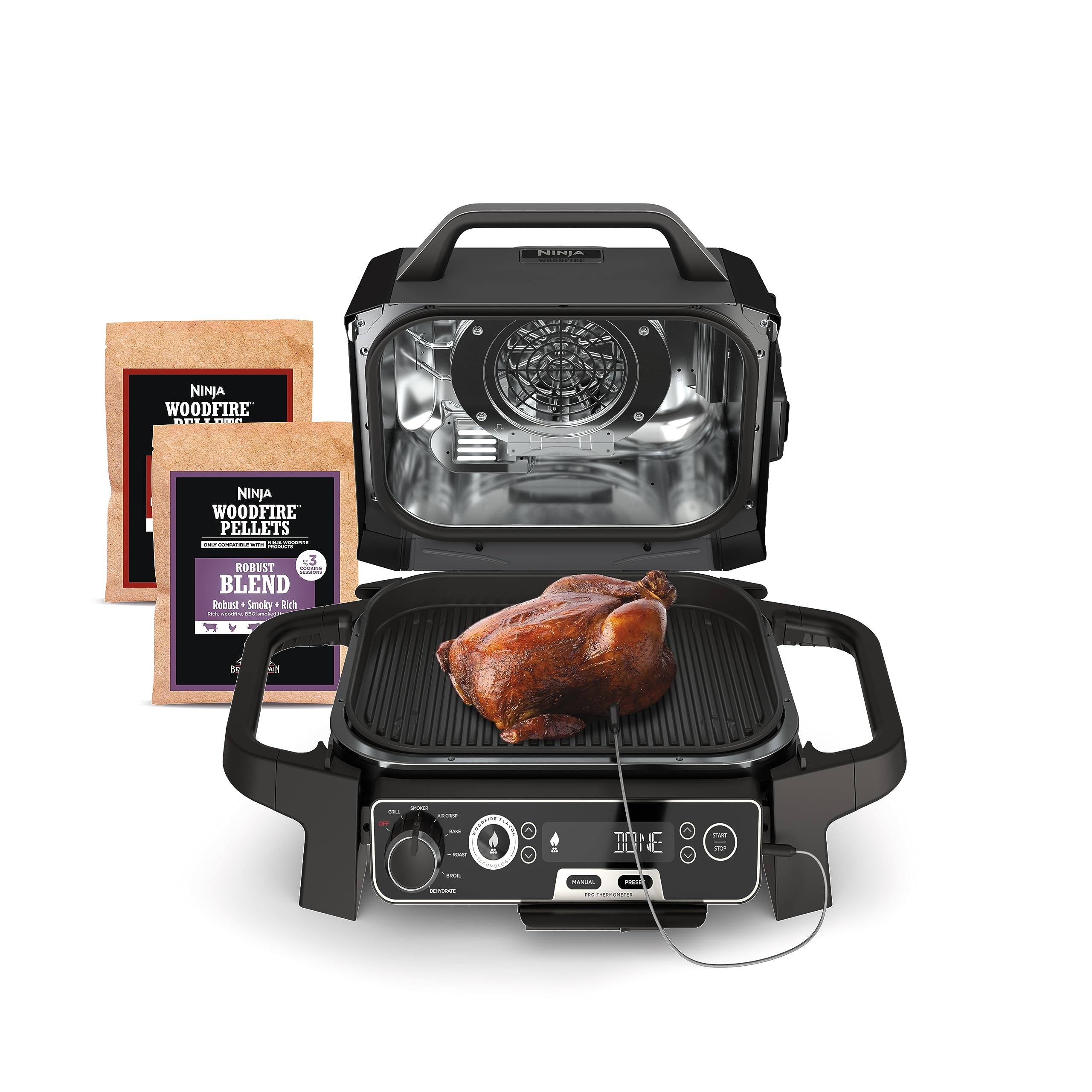 Ninja Woodfire Pro built-in thermometer for precise cooking temperatures.