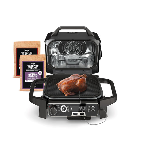 Ninja Woodfire Pro built-in thermometer for precise cooking temperatures.