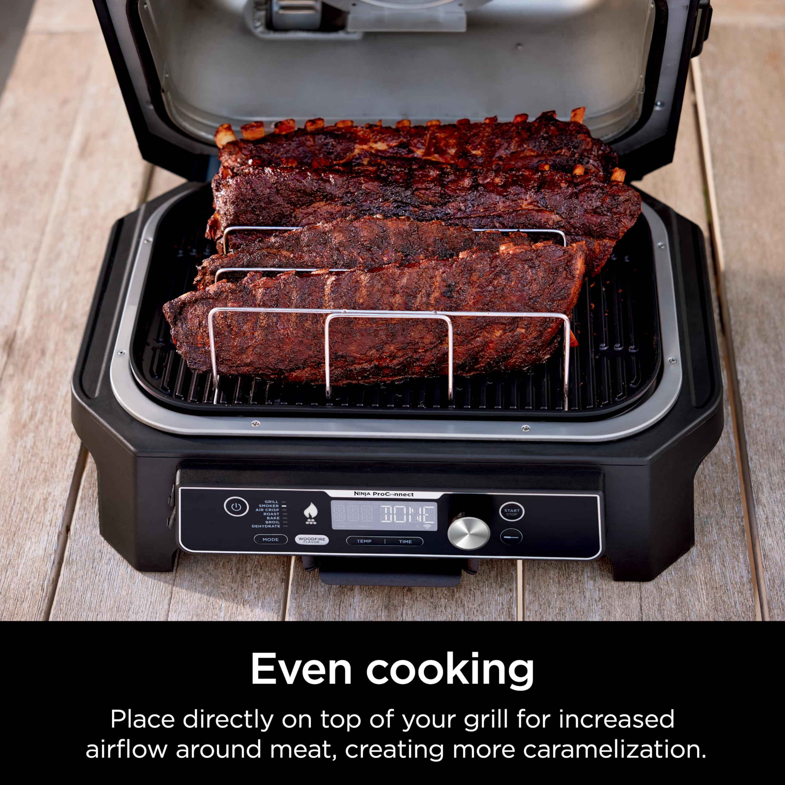 Ninja Woodfire Rib Rack holds up to four racks for bigger cooks.