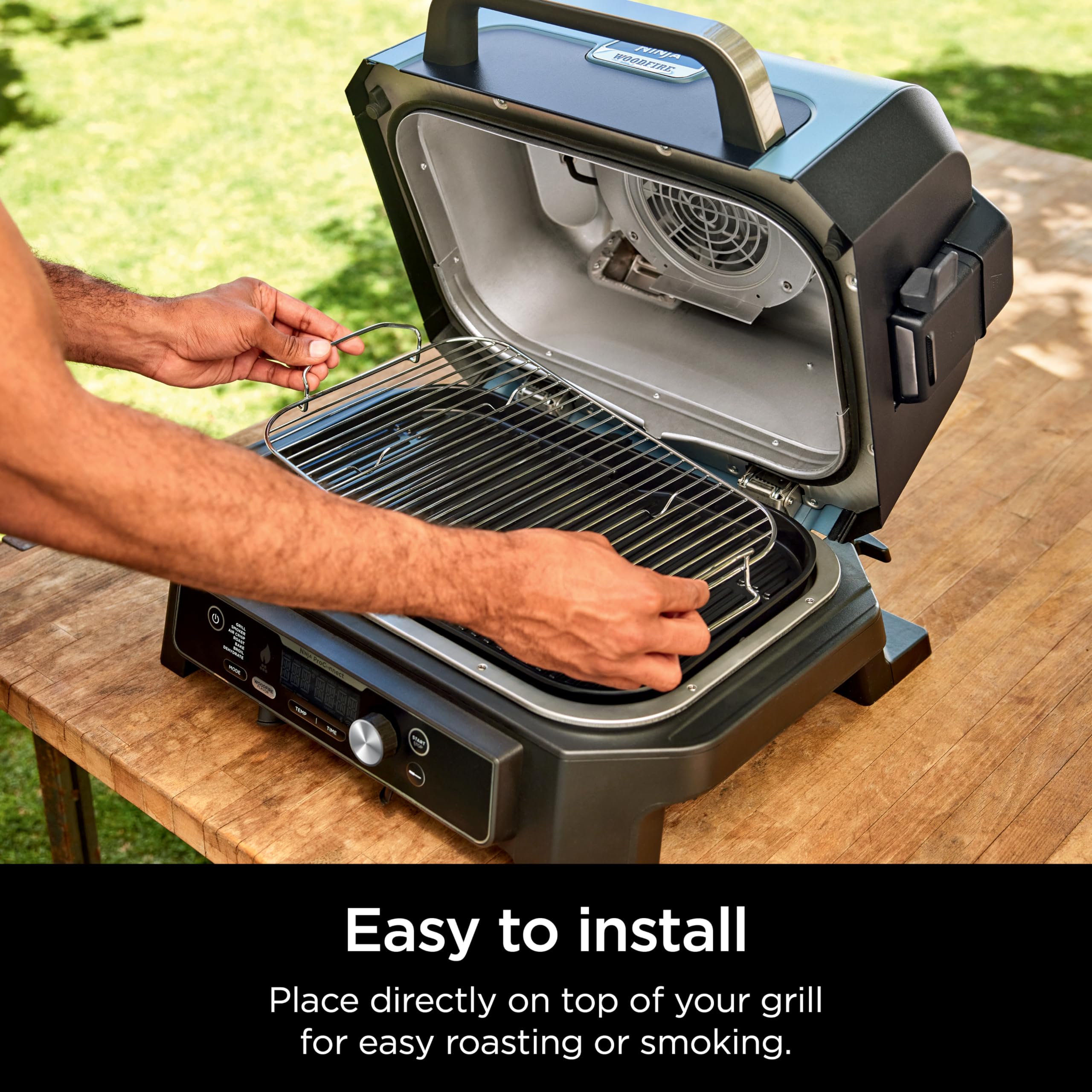 Ninja Woodfire Roast & Smoke Rack holds large cuts securely on steel rack.