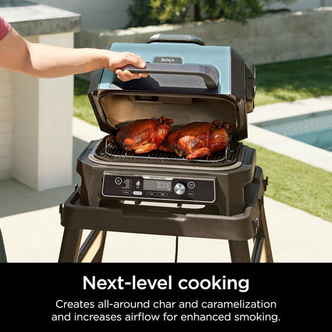 Ninja Woodfire Roast & Smoke Rack on grill with meat demonstrating airflow and smoke uptake.