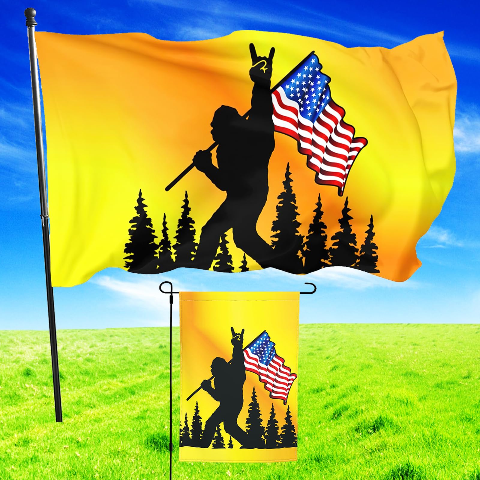 Niprden funny bigfoot flag 3x5ft with gold background, ideal for festive outdoor display.