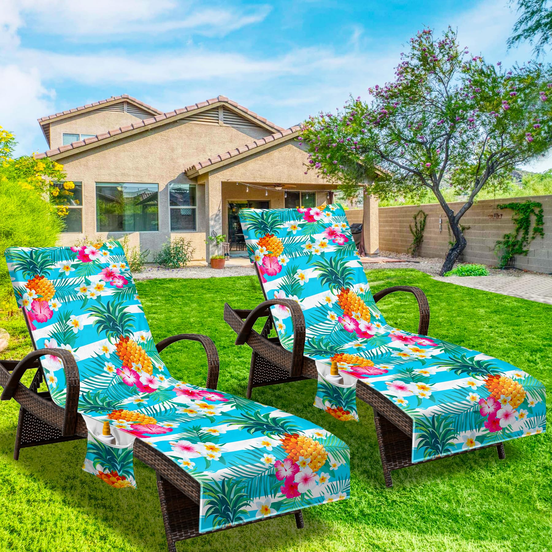 Two matching NISDOING lounge chair covers in bright colors for poolside furniture