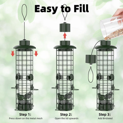 Niser gravity-protection bird feeder blocks access to heavier animals while feeding birds.