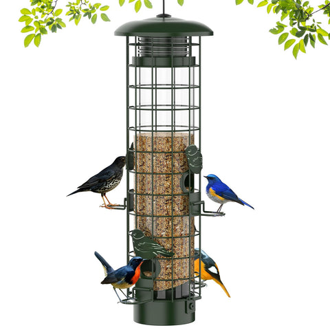Niser squirrel-proof bird feeder in green showing sturdy metal mesh design and perches.