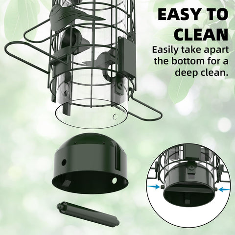 Niser wild bird feeders attracting finch, cardinal, and chickadee visitors.