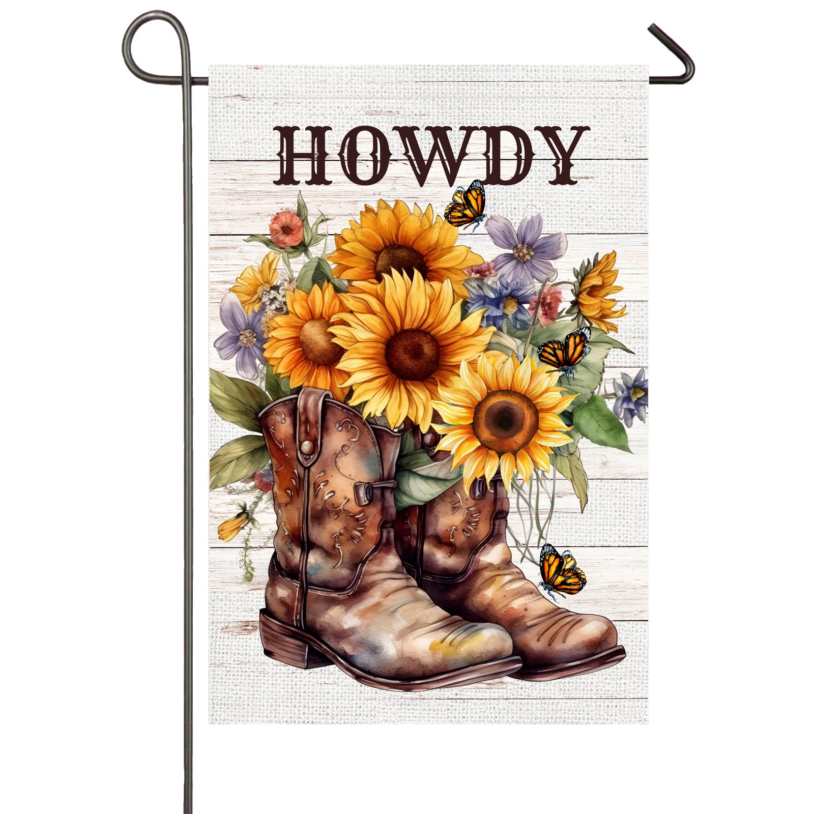 NISEVAN Howdy garden flag with cowboy boots and sunflowers greeting outdoor guests.