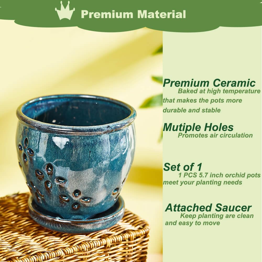 NiSevenLiving ceramic orchid pot with attached saucer keeps your space tidy.