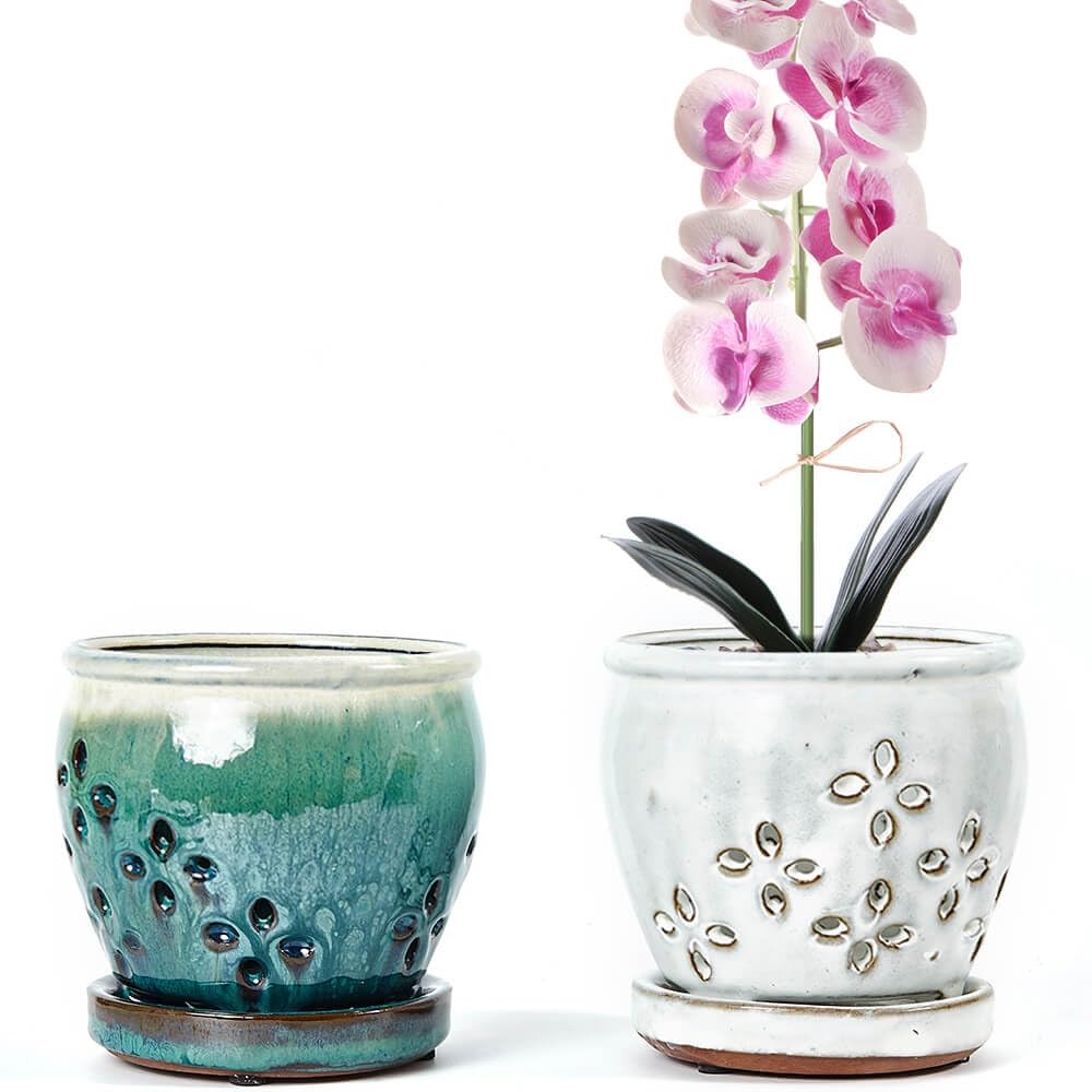 NiSevenLiving orchid pots with holes and attached saucers for clean drainage