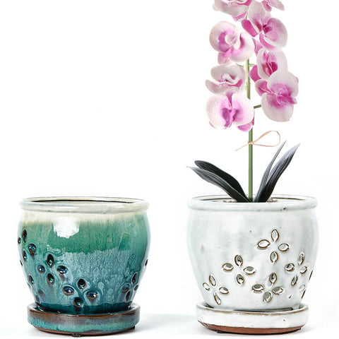 NiSevenLiving orchid pots with holes and attached saucers for clean drainage