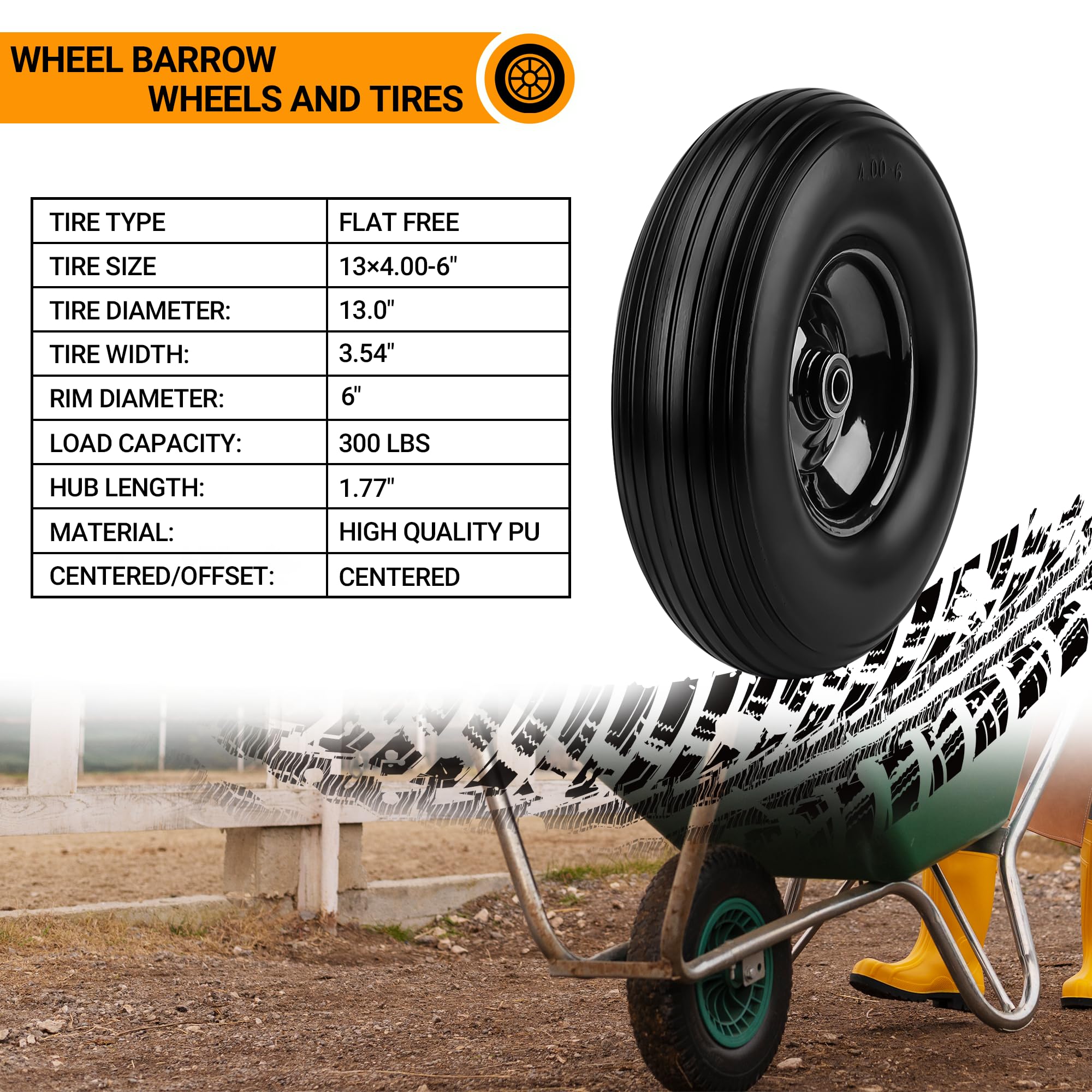 NISHCON 13-inch wheelbarrow tire side-view showing durable polyurethane design.