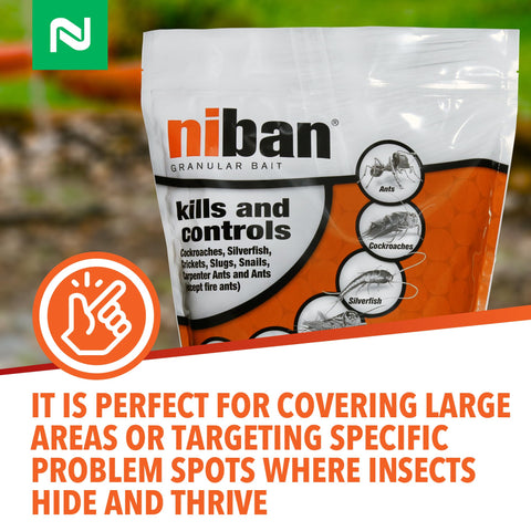 Nisus Niban granular bait crack-and-crevice application targets hiding spots.