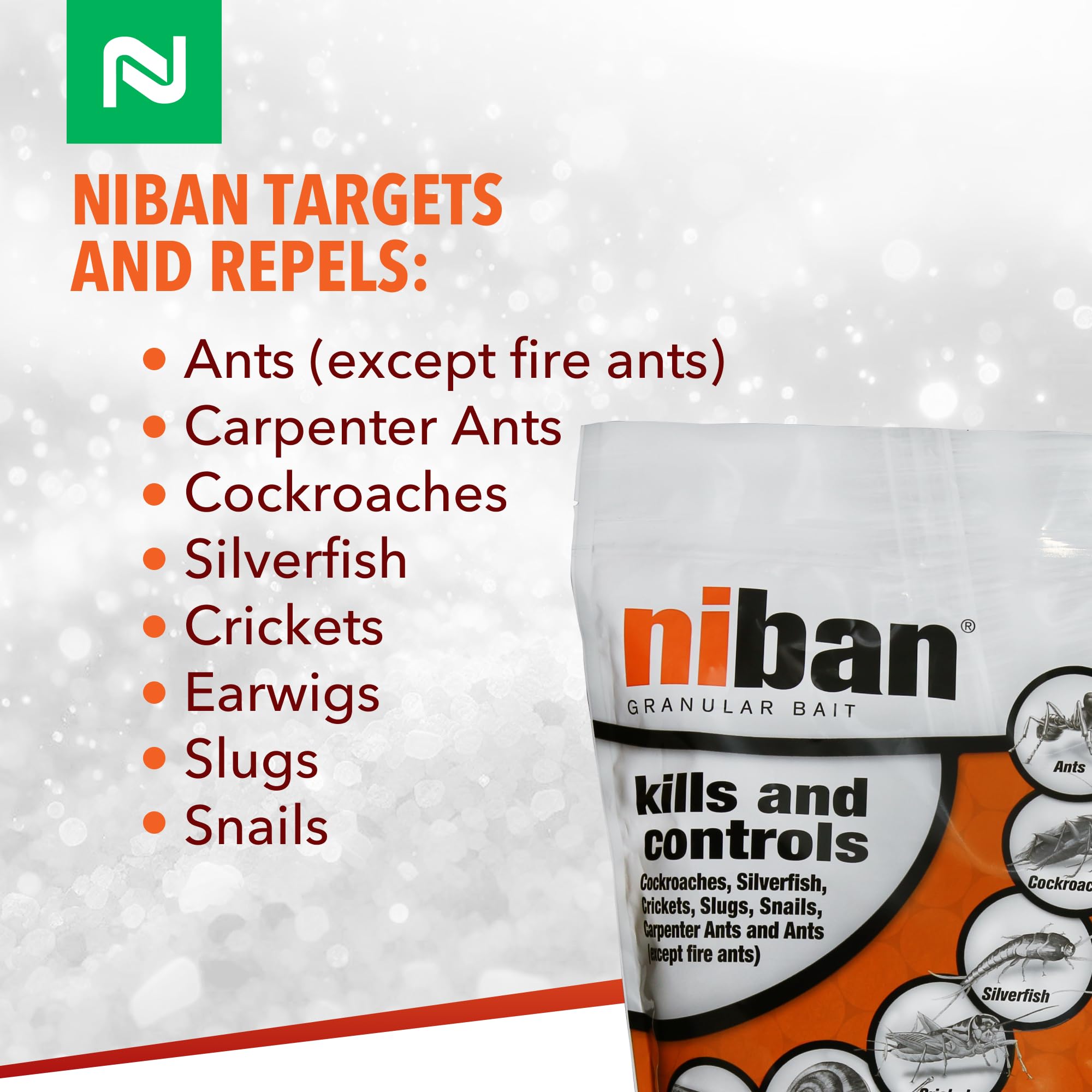Nisus Niban granular bait pour-spread for targeted indoor or outdoor treatment.
