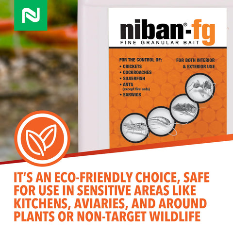 Eco-friendly borate-based NiBan-FG bait safe for kitchens, aviaries, and plants.