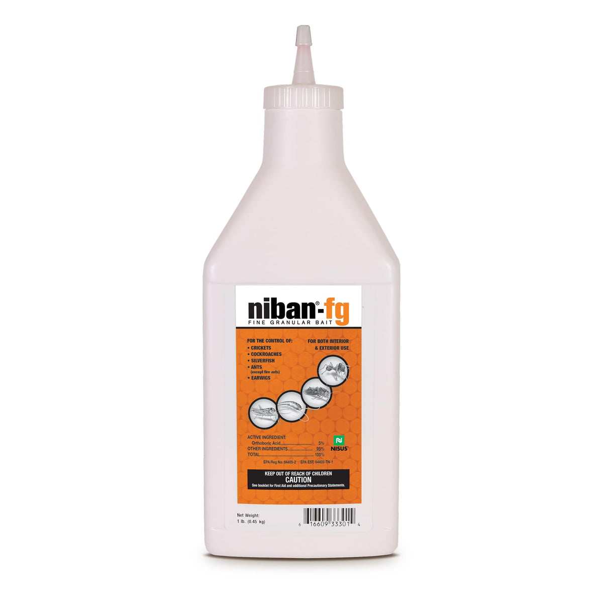 Nisus NiBan-FG fine granular bait packaging demonstrates indoor-outdoor durability.