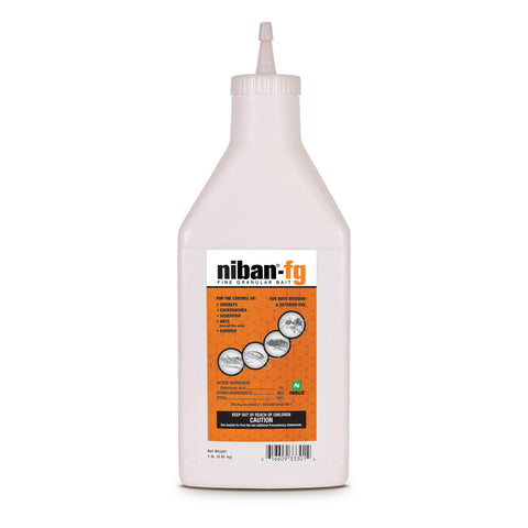 Nisus NiBan-FG fine granular bait packaging demonstrates indoor-outdoor durability.