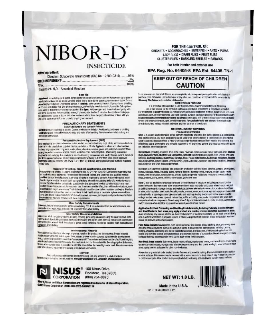 Nisus Nibor-D dust for cracks and crevices controls ants, roaches, and other pests in hard-to-reach areas.