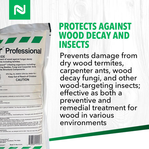 Nisus Tim-BOR Professional liquid spray on wood protects against decay and insects.