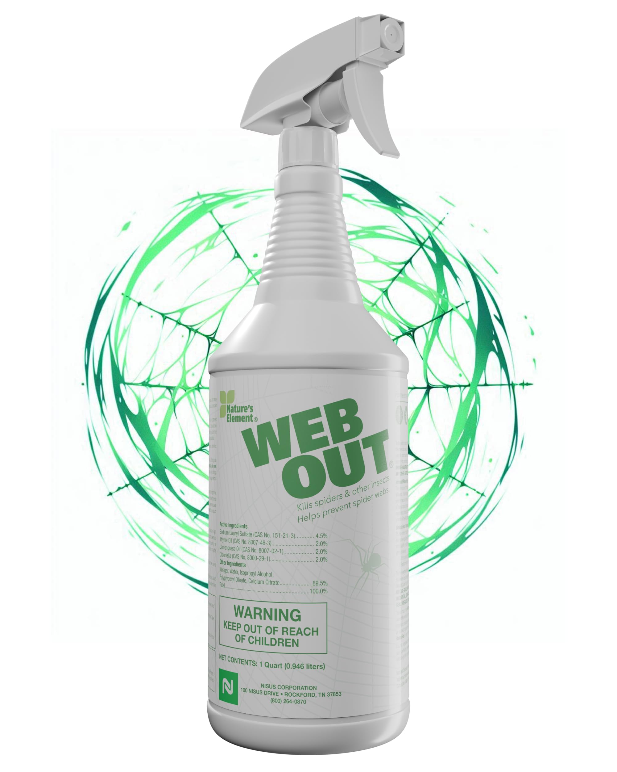 Nisus Web Out Cobweb Eliminator bottle close-up; ready-to-use formula kills spiders on contact.
