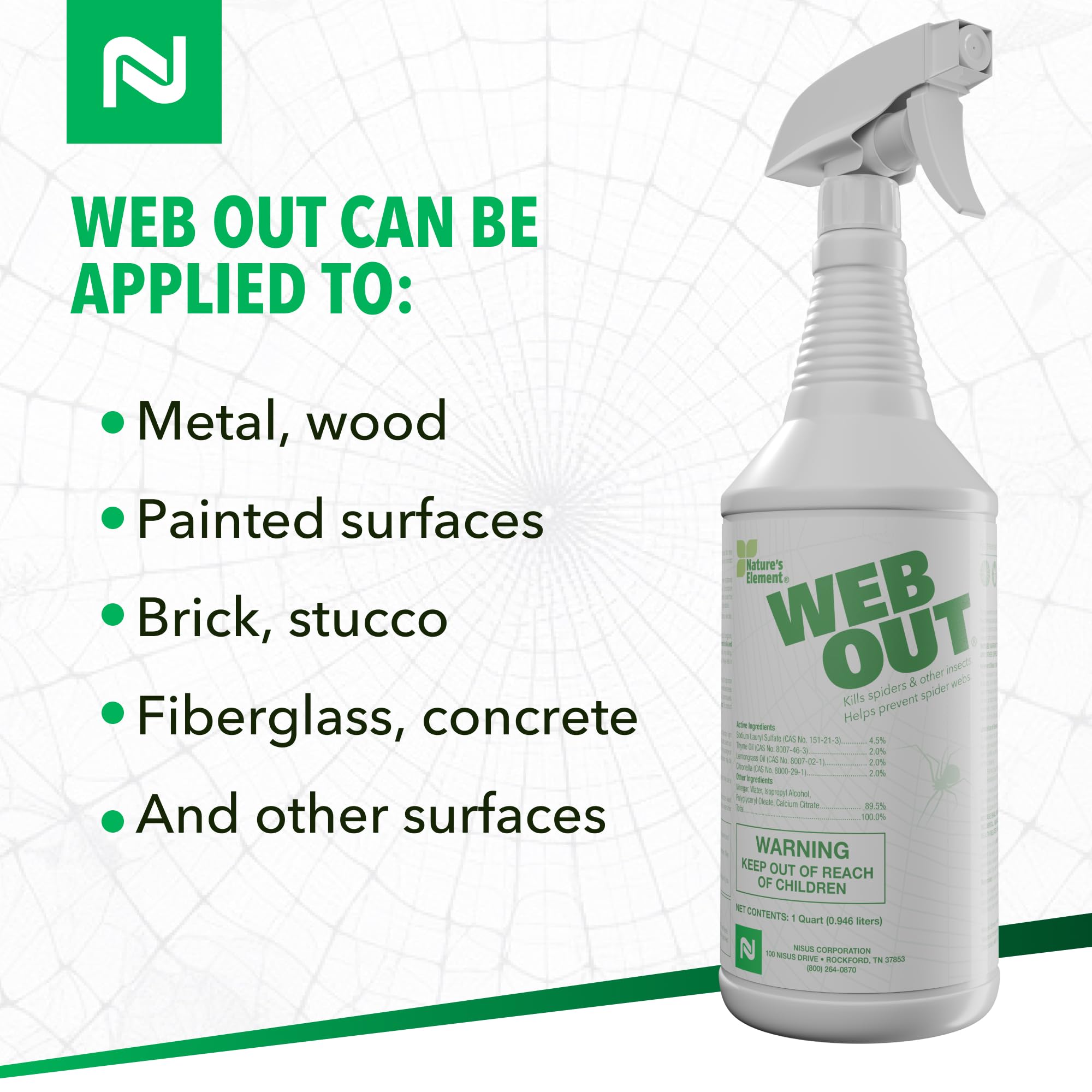 Nisus Web Out Cobweb Eliminator spray on window frame; repels spiders and pests.