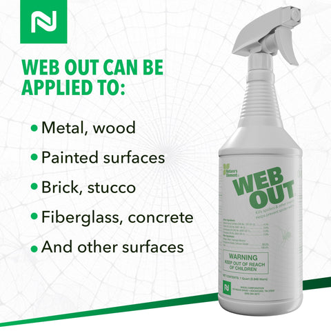 Nisus Web Out Cobweb Eliminator spray on window frame; repels spiders and pests.