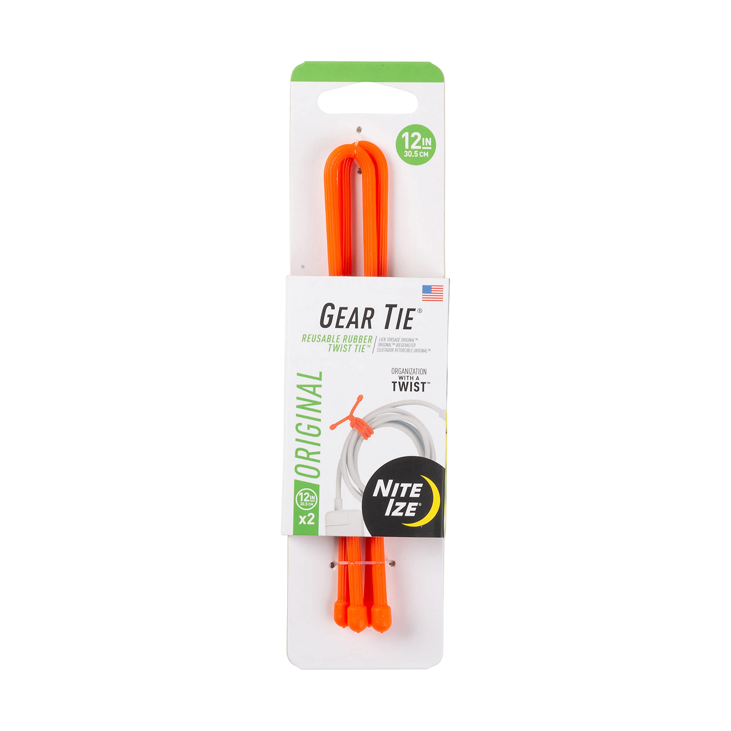 Nite Ize Gear Tie 12in orange 2-pack secures cords for neat, quick cable management.