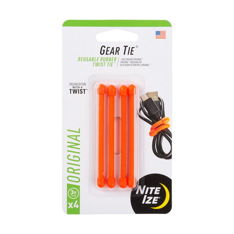 Nite Ize GT3 4-pack Gear Tie in bright orange for versatile organization