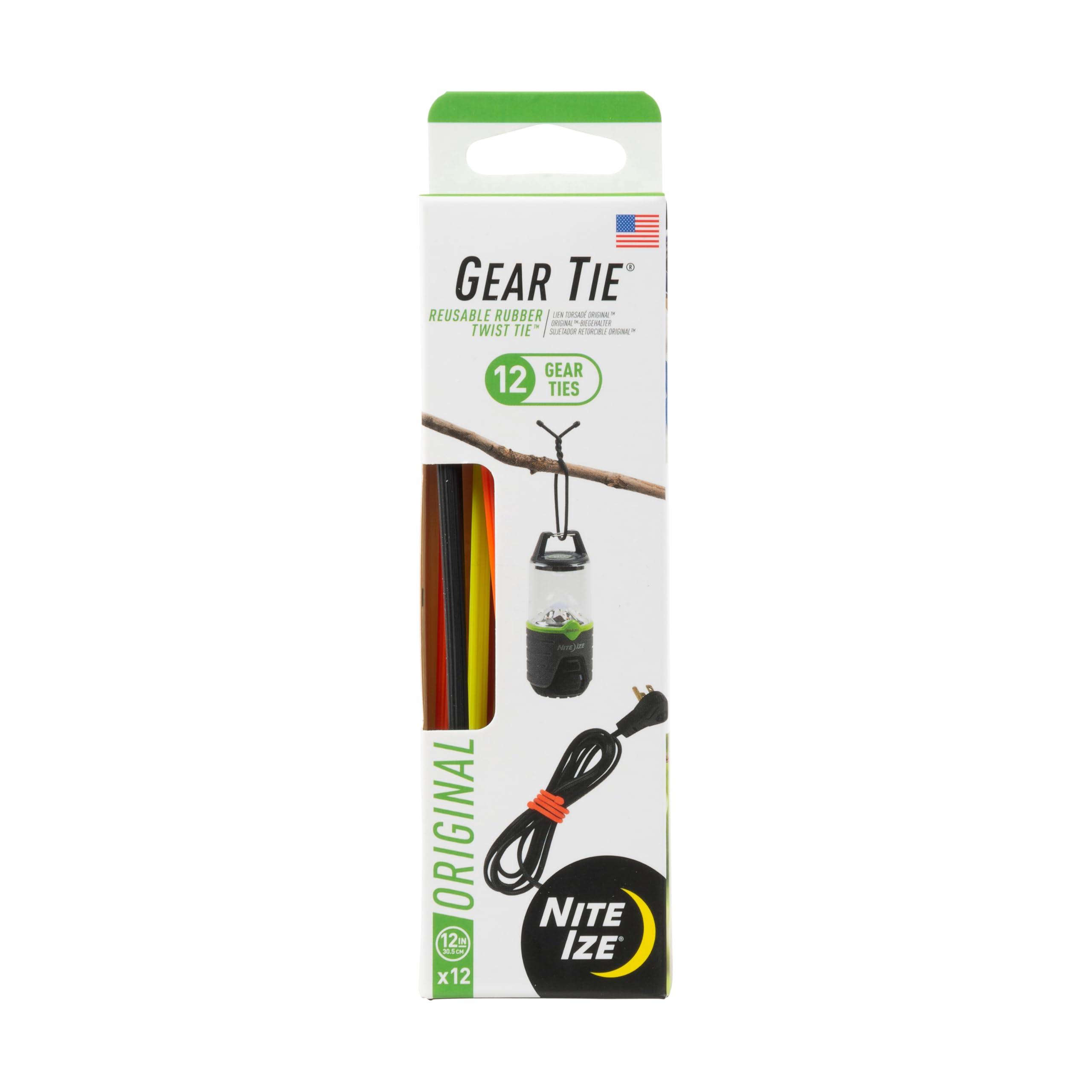 Nite Ize Original Gear Tie 12-pack in varied colors for versatile cable management.