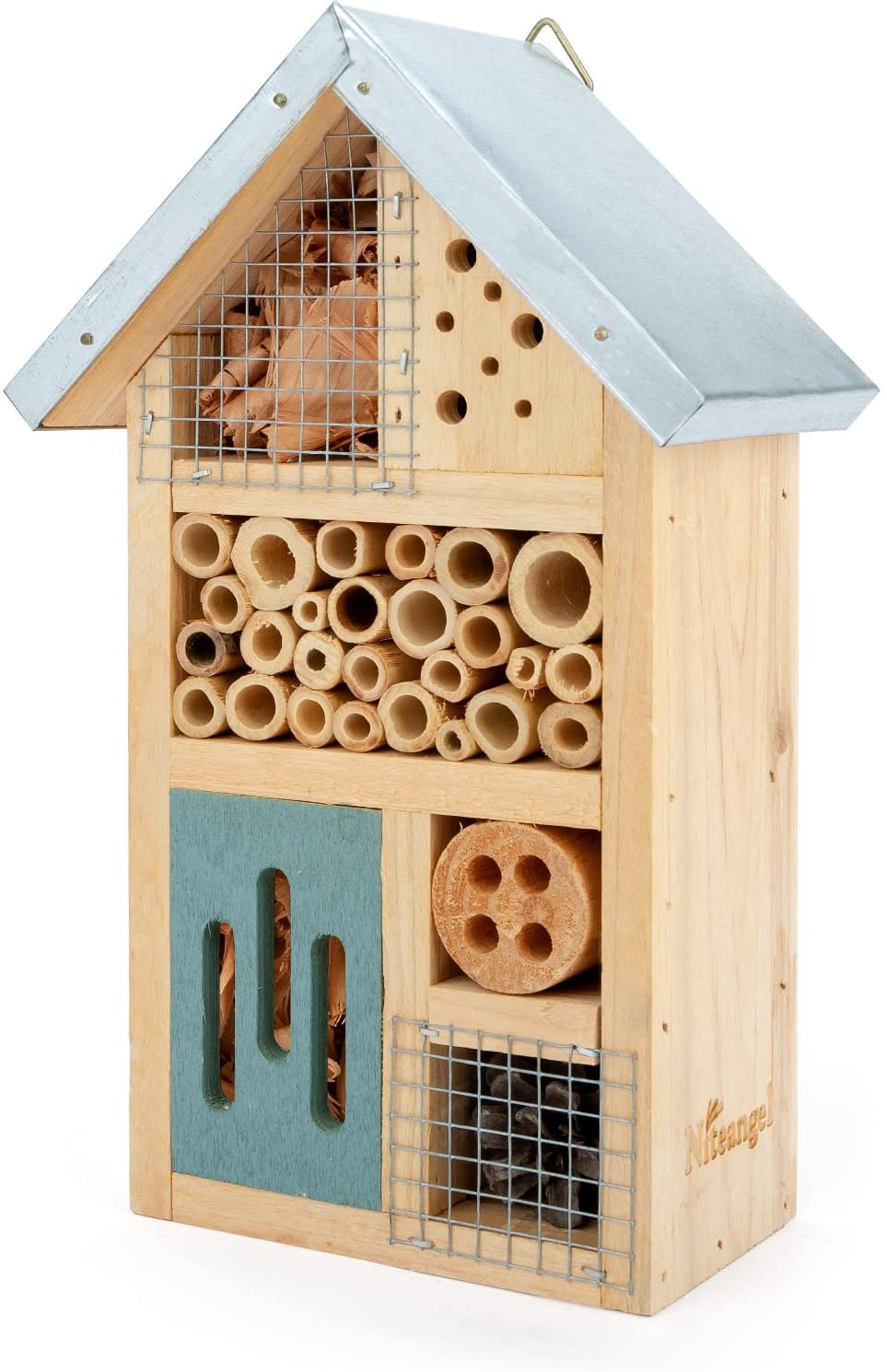 Niteangel insect hotel mounted on fence showcases easy yard habitat for aphid-eating insects